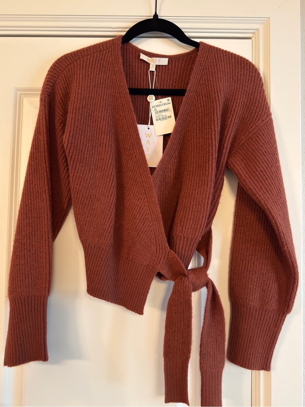 WAYF Rust Tie-Front Ribbed Wrap Cardigan